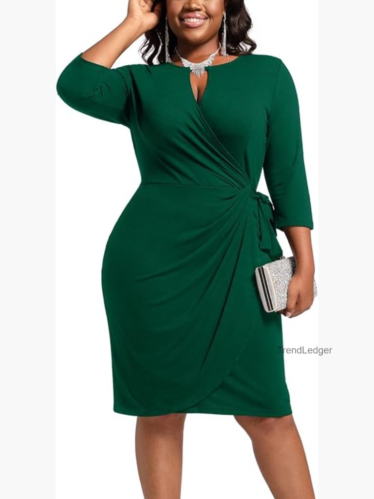 Plus Size Faux Wrap Bodycon Midi Dress Keyhole 3/4 Sleeve
